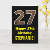 Carte 27e anniversaire : Nom, Motif Faux Wood Grain "27" (Fleur jaune)