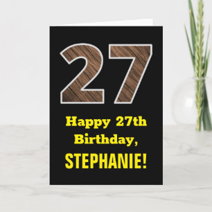Carte 27e anniversaire : Nom, Motif Faux Wood Grain "27"