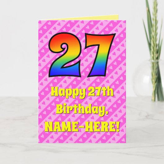 Carte 27e anniversaire : Pink Stripes & Hearts, Arc-en-c (Devant)