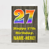Carte 27e anniversaire : Rustic Faux Wood Look, Arc-en-c (Devant)