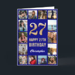 Carte 27e Joyeux Anniversaire Marine Blue & Gold Photo C<br><div class="desc">27th Happy Birthday Navy Blue and Gold Photo Collage Birthday Card. Pour plus de personnalisation,  cliquez sur le bouton "Customiser" et utilisez notre outil de conception pour modifier ce modèle.</div>