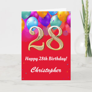 Carte 28e anniversaire Ballons rouges et dorés