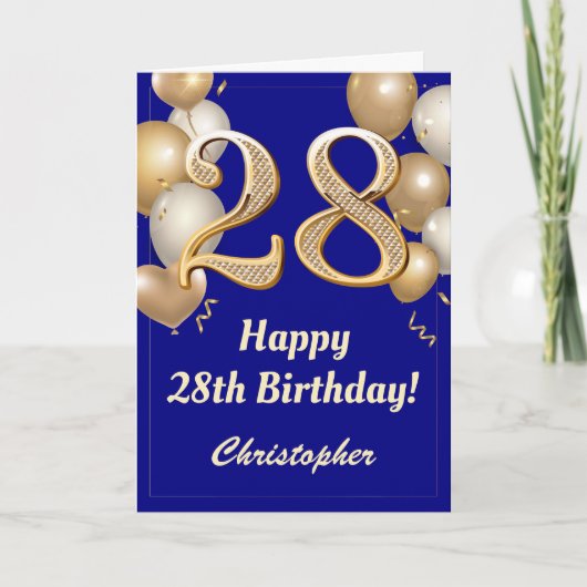 Carte 28e anniversaire Marine Bleu et Ballons d'or Confe (Devant)