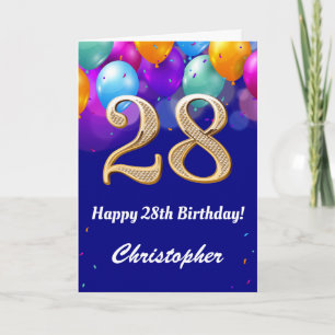 Carte 28e anniversaire Marine Bleu et or Ballons colorés