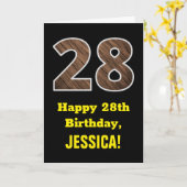 Carte 28e anniversaire : Nom, Motif Faux Wood Grain "28" (Fleur jaune)