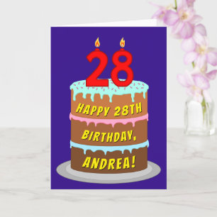 Carte 28th Birthday : Fun Cake and Candles + Custom Name