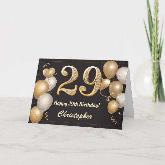 Carte 29e anniversaire Ballons noirs et or Anniversaire (Devant)