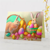 Carte 2 Lapin De Pâques Et Collection D'Oeufs D'Or (Fleur jaune)