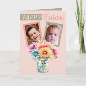 Carte 2 photo gerbera corail vert anniversaire (Devant)