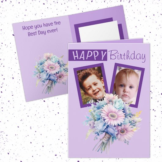 Carte 2 photo gerbera violet anniversaire