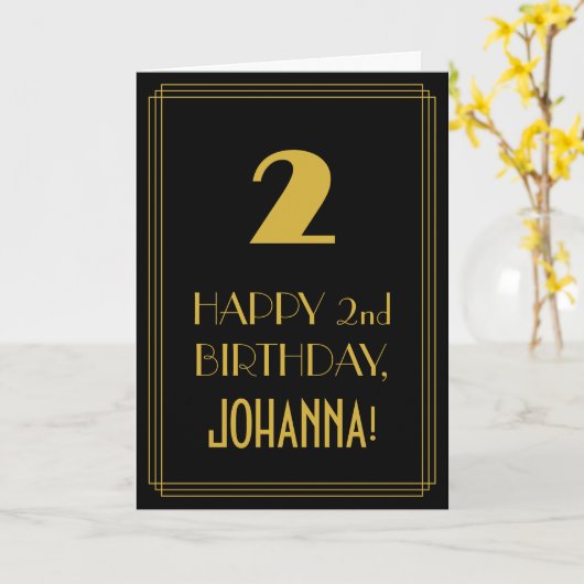 Carte 2e anniversaire - Art Déco Inspiré Look "2" & Nom (Fleur jaune)