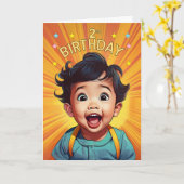 Carte 2e anniversaire Asiatique Baby Boy in Orange Comic (Fleur jaune)