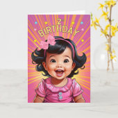 Carte 2e anniversaire Asiatique Baby Girl in Pink Comic  (Fleur jaune)