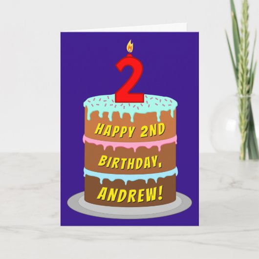 Carte 2e anniversaire : Gâteau et bougie amusants + Nom (Devant)