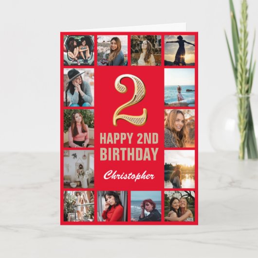 Carte 2e anniversaire heureux Collage photo rouge et or (Devant)
