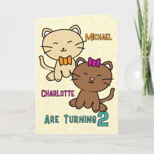 Carte 2e anniversaire jumeaux garçon fille chat dessin a