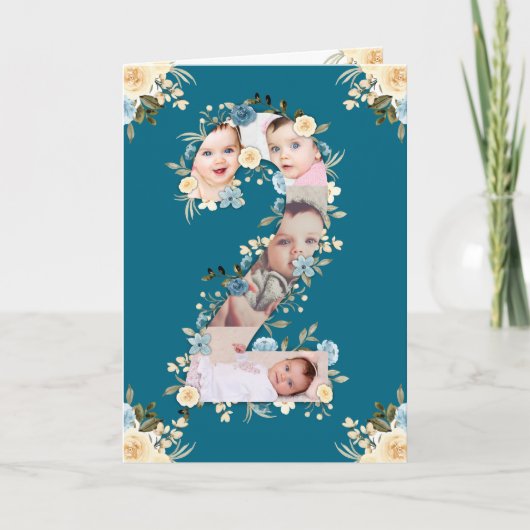 Carte 2e anniversaire Photo Collage bleu Fleur jaune Tur (Devant)