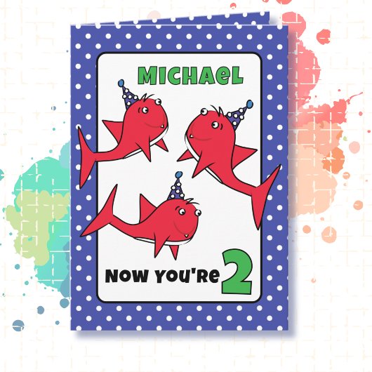 Carte 2e anniversaire Poisson caricature Cute Red Blue R