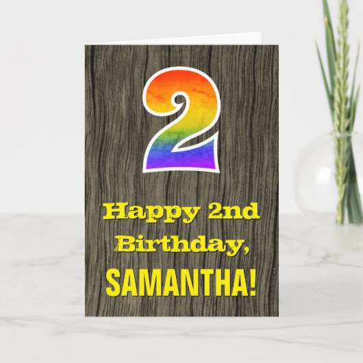 Carte 2e anniversaire : Rustic Faux Wood Look, Rainbow " (Devant)
