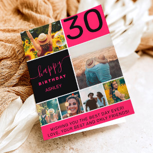 Carte 30 anniversaire neon rose 6 photo collage grille