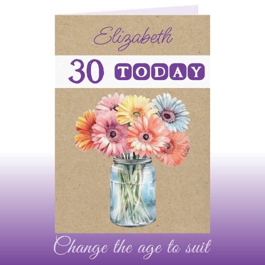 Carte 30 ans fleurs de gerbera violettes anniversaire to