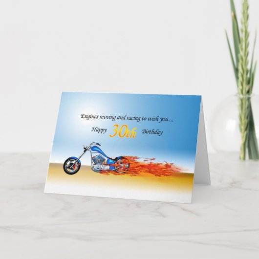 Carte 30e anniversaire avec une moto flamboyante (Devant)