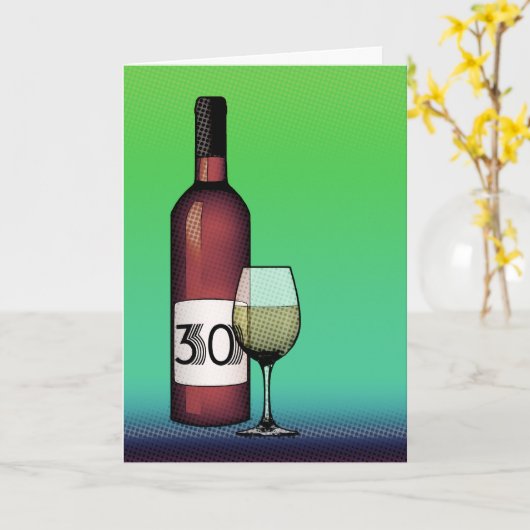 Carte 30e anniversaire : bouteille de vin & verre (Fleur jaune)