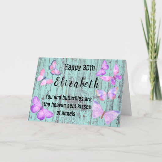 Carte 30e anniversaire papillon Aquarelle bleu rose (Devant)