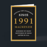 Carte 30e anniversaire personnalisé 1991 Chic noir et or<br><div class="desc">Carte d'anniversaire 30 ans noir et or pour les personnes spéciales nées en 1991. Personnalisez facilement le texte à l'avant et à l'intérieur de cette carte d'anniversaire en utilisant le modèle fourni. Fait partie de la gamme de cartes de vœux setting standards.</div>