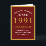 Carte 30e anniversaire personnalisé 1991 chic rouge or<br><div class="desc">Carte d'anniversaire 30 ans rouge et or pour les personnes spéciales nées en 1991. Personnalisez facilement le texte à l'avant et à l'intérieur de cette carte d'anniversaire en utilisant le modèle fourni. Fait partie de la gamme de cartes de vœux setting standards.</div>