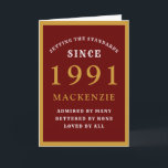 Carte 30e anniversaire personnalisé 1991 chic rouge or<br><div class="desc">Carte d'anniversaire 30 ans rouge et or pour les personnes spéciales nées en 1991. Personnalisez facilement le texte à l'avant et à l'intérieur de cette carte d'anniversaire en utilisant le modèle fourni. Fait partie de la gamme de cartes de vœux setting standards.</div>