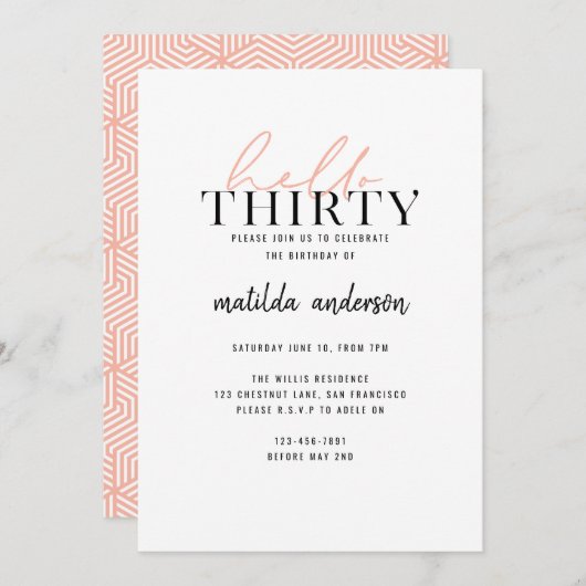 Carte 30e anniversaire script moderne géométrique pêches (Devant / Derrière)