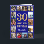 Carte 30e Joyeux anniversaire Marine Blue & Gold Photo C<br><div class="desc">30th Happy Birthday Navy Blue and Gold Photo Collage Birthday Card. Pour plus de personnalisation,  cliquez sur le bouton "Customiser" et utilisez notre outil de conception pour modifier ce modèle.</div>
