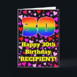 Carte 30th Birthday: Loving Hearts Pattern, Rainbow # 30<br><div class="desc">The front of this joyful and colorful birthday greeting card design features a large number “30” having a rainbow spectrum gradient inspired pattern. It also features the message “Happy 30th Birthday, ”, and an editable name. The background of the front features a pattern of pink, red, and purple heart shapes....</div>