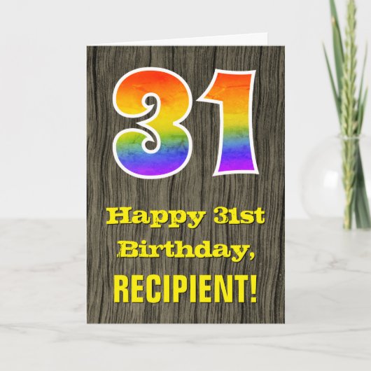 Carte 31e anniversaire : Rustic Faux Wood Look, Arc-en-c (Devant)