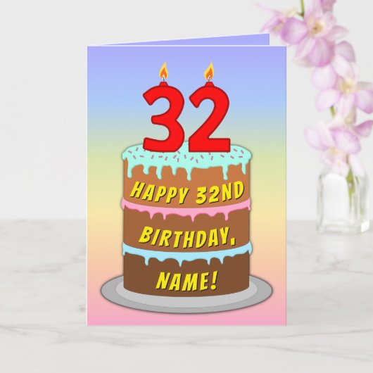 Carte 32e anniversaire — Fun Cake & Candles, avec nom pe (Orchidée)