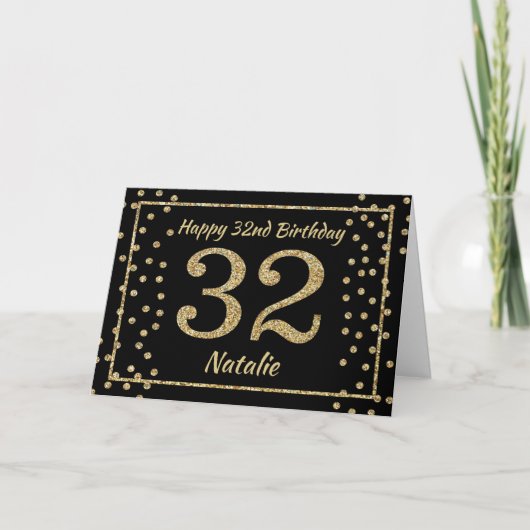 Carte 32e anniversaire Parties scintillant Noir et Or Ca (Devant)
