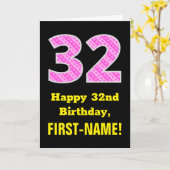 Carte 32e anniversaire : Pink Stripes and Hearts "32" + (Fleur jaune)