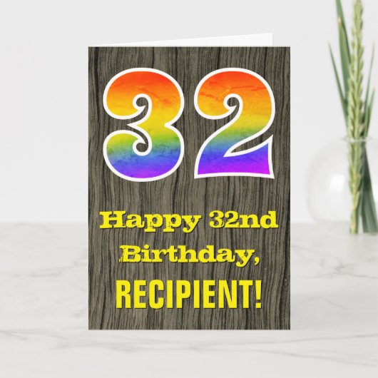 Carte 32e anniversaire : Rustic Faux Wood Look, Arc-en-c (Devant)