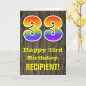 Carte 33e anniversaire : aspect bois rustique faux, "33" (Fleur jaune)