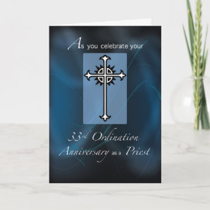 Carte 33e anniversaire d'ordination Croix de prêtre bleu