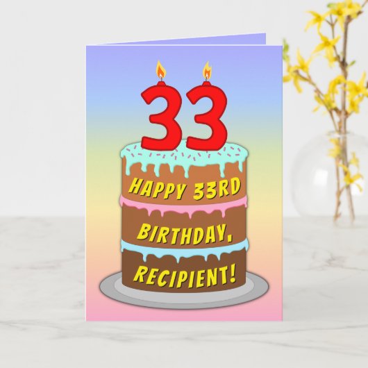 Carte 33e anniversaire — Fun Cake & Candles, avec nom pe (Fleur jaune)