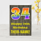 Carte 34e Anniversaire : Aspect Bois Faux Rustique, "34" (Fleur jaune)