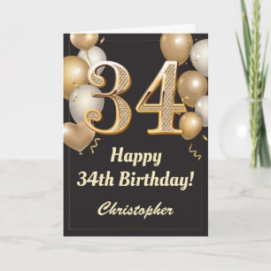 Carte 34e anniversaire Ballons Noir et Or Confetti