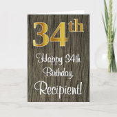 Carte 34e Anniversaire : Élégant aspect or faux #, Bois (Devant)