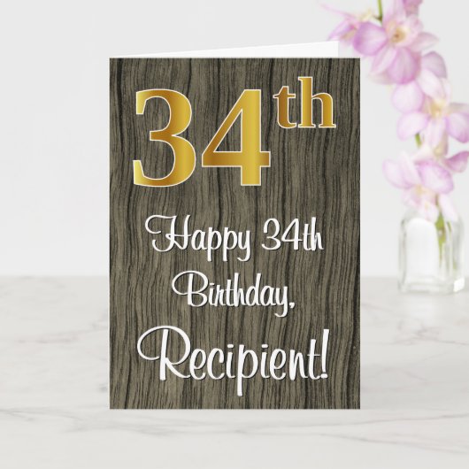 Carte 34e Anniversaire : Élégant aspect or faux #, Bois (Orchidée)