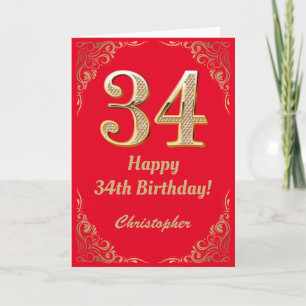 Carte 34e anniversaire Parties scintillant rouge et or