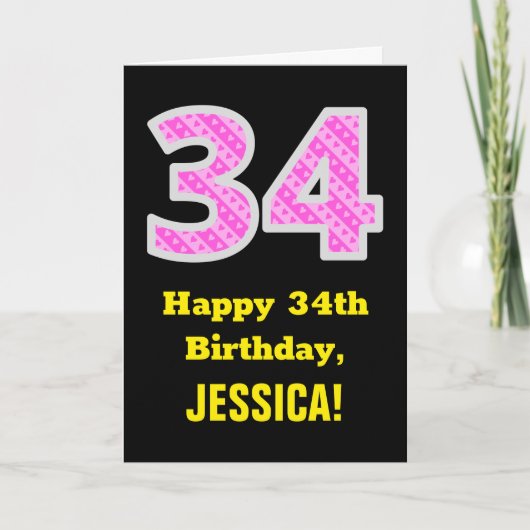 Carte 34e anniversaire : Pink Stripes and Hearts "34" + (Devant)