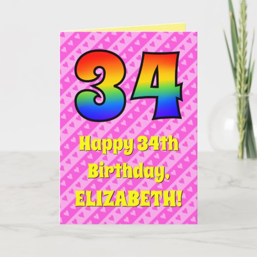 Carte 34e anniversaire : Pink Stripes & Hearts, Arc en c (Devant)