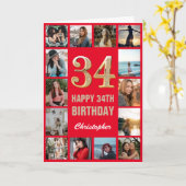 Carte 34e Joyeux Anniversaire Collage photo rouge et or (Fleur jaune)